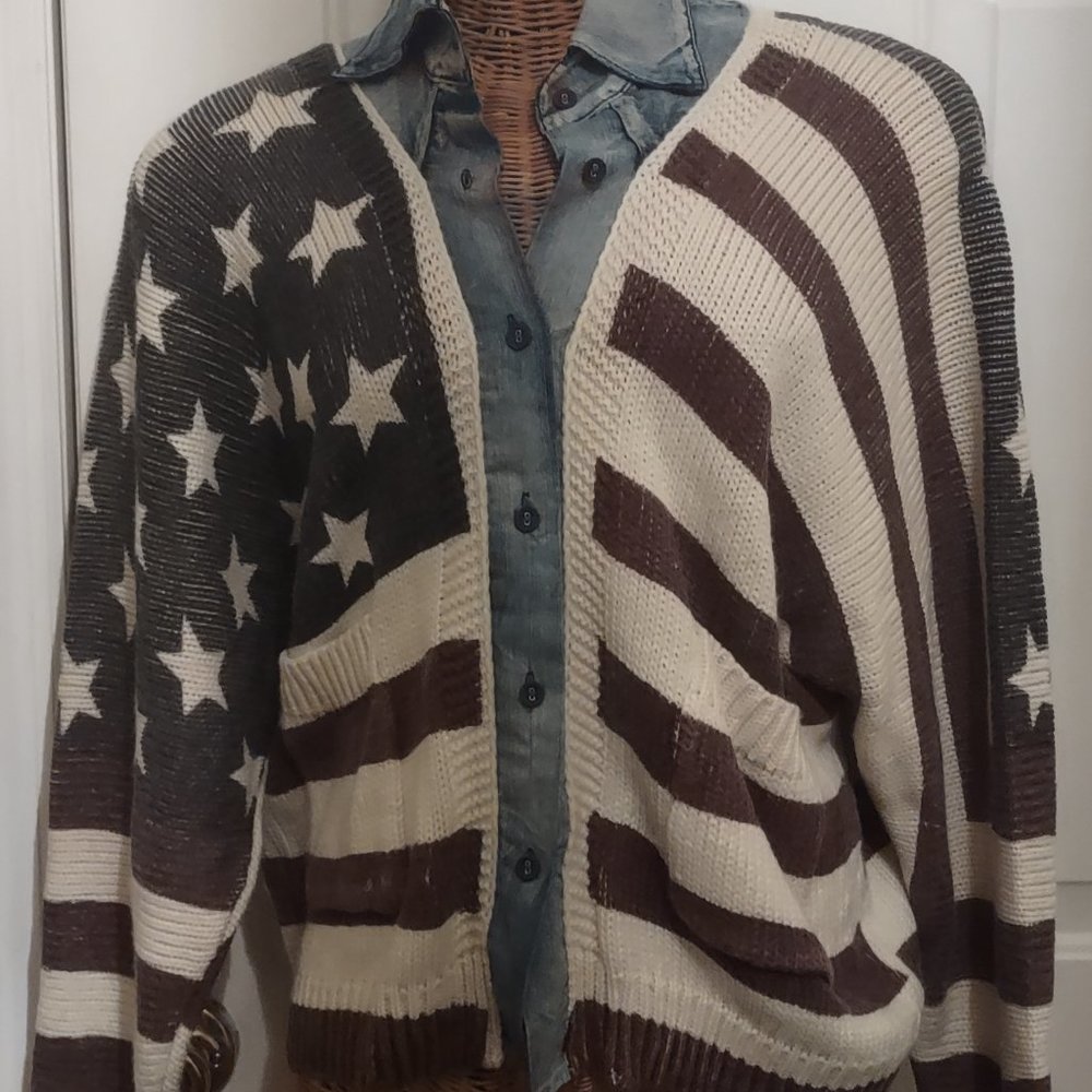 American Flag Patriotic Layered Denim Look Sweater XL